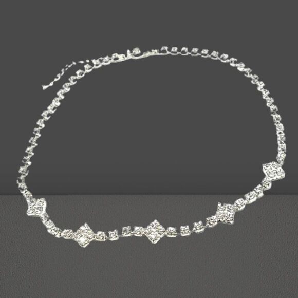 Crystal Rhinestone Choker Necklace Silver-tone Rhodium Plated - Picture 1 of 13